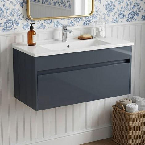 Vitra S50+ Wall Hung 1-Drawer Vanity Unit with Basin 1000mm Wide - Anthracite High Gloss (1/2)