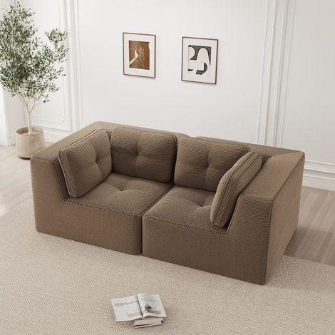 Canapé d’angle modulable 2 places en velours côtelé marron, assise profonde (1/5)
