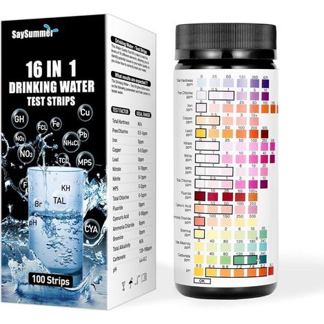 Wassertest-Set – Teststreifen zur Wasserqualitätsanalyse – 16 Parameter: pH-Wert, Härte, Blei, Chlorid, Nitrat, Eisen, Kupfer – 100 Stück (1/5)