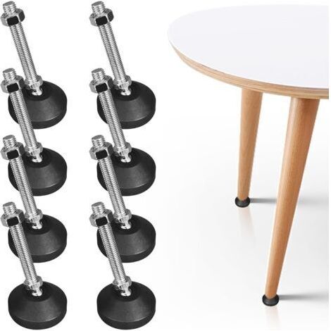BUNTHAUS Lot de 8 pieds de meubles M10 x 100 mm  Diamètre : 50 mm  Vis de réglage réglable en hauteur  Pieds en métal pour meubles  Pieds réglables  Inclinaison maximale de 20 °  Pour pieds de table e
