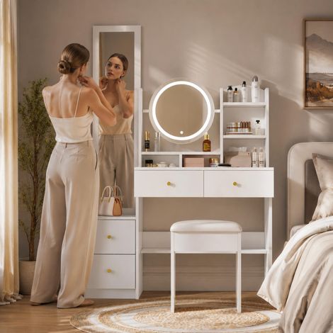 4-in-1 schminktisch,Make-up Tisch,mit Ganzkörperspiegel und drehbarem Tischspiegel, Schminktisch Hocker, 3 Farben LED-Beleuchtung, Metallgriff, Weiß, Maße: H164 cm × B109 cm × T36 cm (1/5)