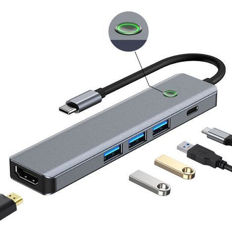 KLVGTIFS PU – 5-in-1 USB-C-Hub, USB-C-Adapter mit HDMI 4K + PD100W + 3 USB-C 3.0-Anschlüssen, Multiport-USB-3.0-5-Gbit/s-USB-C-Hub-Adapter, Grau (1/5)