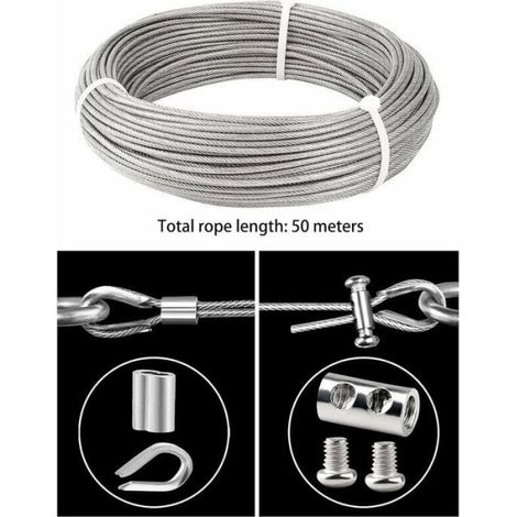 50M Cable Inox 3mm, Corde en Acier Inoxydable, avec Serre-Câbles M3, Manchons, Cosses, pour Fil à Linge, Garde Corps (1/3)