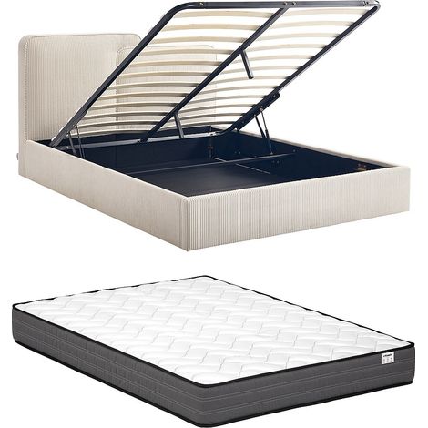 Letto contenitore 140 x 190 cm - Velluto a coste - Beige + Materasso - NAYOLA