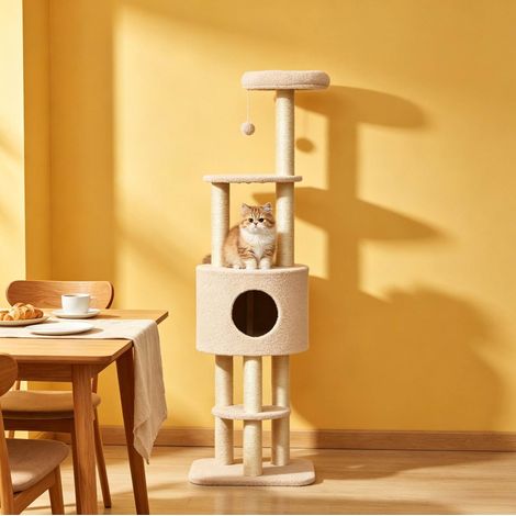 OKWISH Katzenkratzbaum Beige 148 cm mit Höhle und Spielball (1/5)