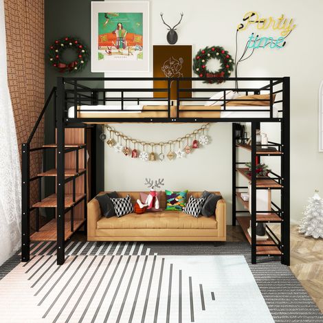 Lit mezzanine 90x200 cm - avec petite armoire et étagères de rangement - Noir (1/5)