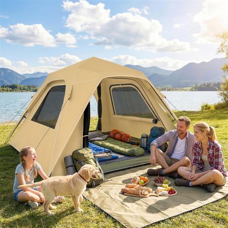 Tente instantanée à déploiement instantané avec housse de pluie, tente dôme imperméable pour 2-3 personnes avec 2 portes et 2 fenêtres, 240 x 240 x 160 cm, kaki
