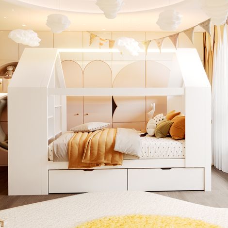 Lit cabane enfant 90x200 lit maison avec led - 2 tiroirs de rangement - espace de stockage intégré - blanc (1/5)