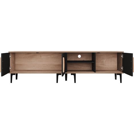 Meuble TV en panneaux de particules 180x35x49 cm bois naturel et noir avec 3 portes et 2 étagères ouvertes, pour téléviseur jusqu'à 80 pouces (1/5)