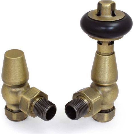 West Faringdon Angled Thermostatic Radiator Valve and Lockshield - Old English Brass