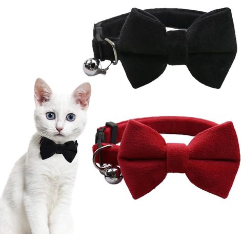 Lot de 2 Colliers en Velours pour Chat avec Clochette et nœud Papillon, Colliers réglables pour Chat, Chaton, Petit Chiot, nœud Papillon de sécurité, Couleur Unie, pour Mariage (1/5)
