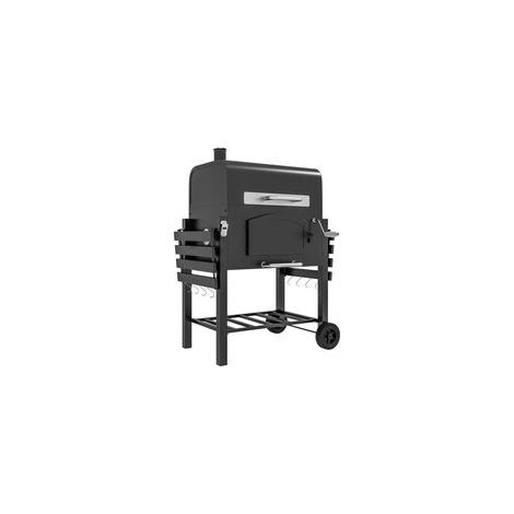 Barbecue de jardin au charbon de bois avec couvercle, étagères, fumoir, plaque chauffante, grilles, roulettes de transport et structure en métal. (1/5)