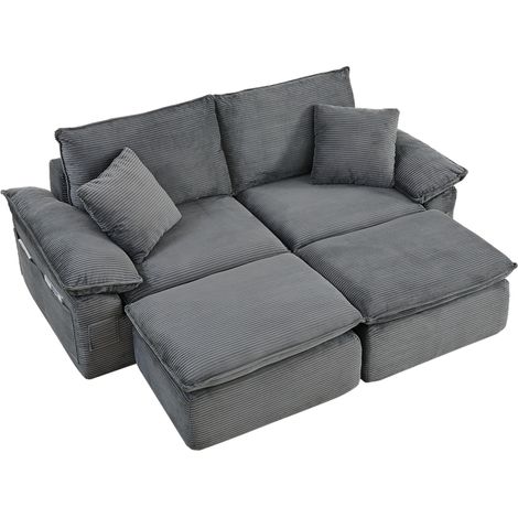 Divano 2 posti modulare senza montaggio in tessuto grigio chiaro con schienali e pouf (1/5)