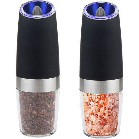 Ensemble de broyeur de poivre électrique gravité, grossière réglable, batterie avec lumière LED, fonctionnement automatique d'une main, noir en acier inoxydable, 2 pack (1/5)