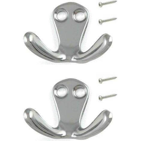 2x Crochet double 33mm métal acier chrome poli Meuble Cuisine Salle de bain Porte Manteau Serviette Chemise Torchon Décoration avec vis (1/2)