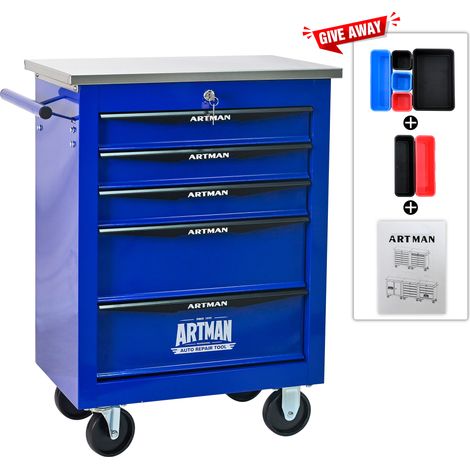 Chariot de rangement métallique à 5 tiroirs sur roulettes, bleu, avec couvercle en acier inoxydable, pour garage, atelier, entrepôt et espace de bricolage – idéal pour organiser vos outils. (1/5)
