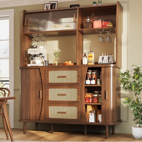 MEUBLIV Buffet haut 140 x 40,5 x 174,5 cm noyer – portes coulissantes en verre et 3 tiroirs (1/5)