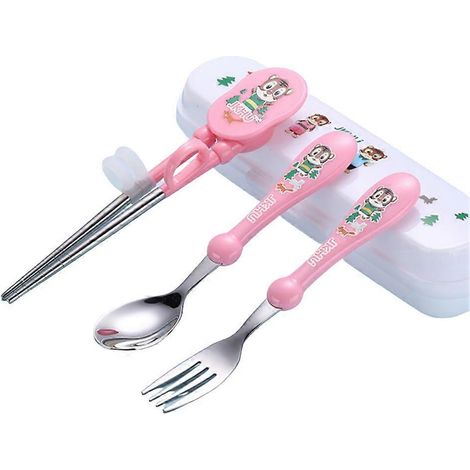 Ensemble de couverts en acier inoxydable pour enfants, motif ours, comprenant baguettes, cuillère et fourchette (rose/bleu) (1/2)