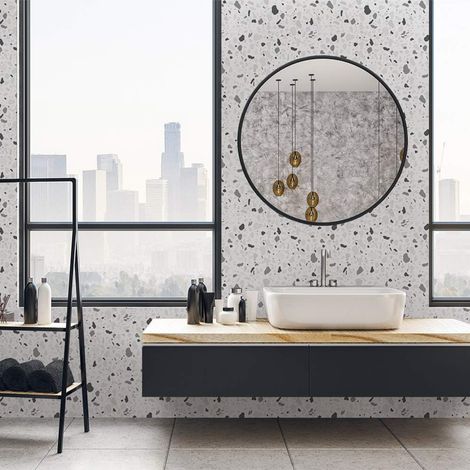 Effet terrazzo autocollant auto-adhésif pour meubles/tables/panneaux, salon chambre à coucher peler et coller papier peint en vinyle/autocollant mural de sol, couleur terrazzo blanc et gris (1/5)