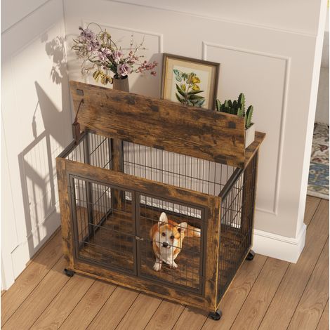 Cage pour chien style meuble, double porte, toit ouvrant, à roulettes, 80 x 56 x 69,5 cm, brun/noir (1/5)
