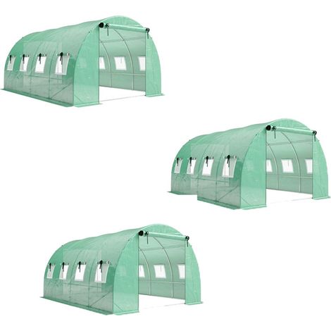 3er-Set gewächshaus ca. 4 x 3 x 2 m Foliengewächshaus mit Rollbar 2 Reißverschlusstür & 8 Netzfenster Stützstangen Grün
