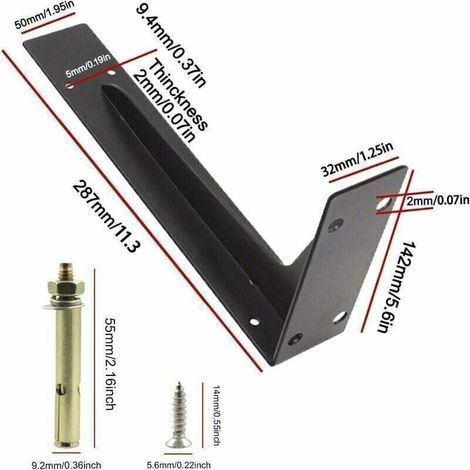 Pack de de 2 Equerre Etagere 290mm, XU, Équerre Charge Lourde, Murale Supports Étagère, Charges Lourdes Supports Equerre avec Vis, Noir 150KG/330lbs Porteur - KZQ
