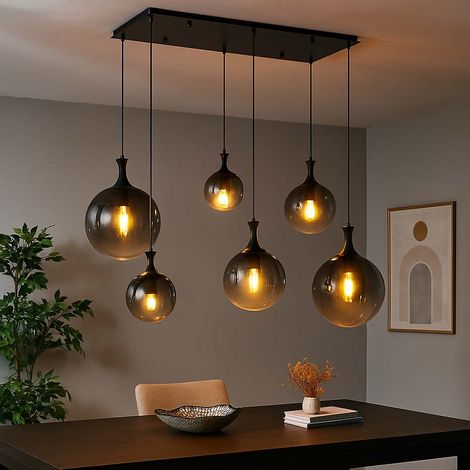 Lampada a sospensione a 6 lampadine a sfera in vetro fumé Lampada per sala da pranzo, metallo nero, 6 prese E27, LxLxH 97x48x141 cm