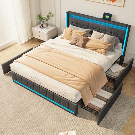 Letto 140x200 cm, letto matrimoniale 140x200 cm, con 4 cassetti, illuminazione a LED, ricarica USB, materiale in lino, rete a doghe, adatto per adulti e adolescenti - Grigio