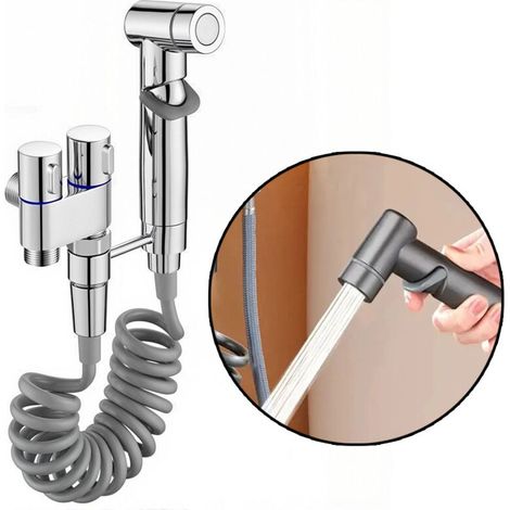 Pistolet pulvérisateur portatif avec support, tube à ressort télescopique de 2 m, compatible avec les chasses d'eau de robinet et de toilette, argent (1/4)