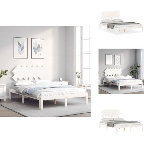Cadre de lit sans matelas blanc bois de pin massif - Lit Plateforme - Cadre Lit Bois - Lit Double - Lit Blanc - Lit Design (1/5)