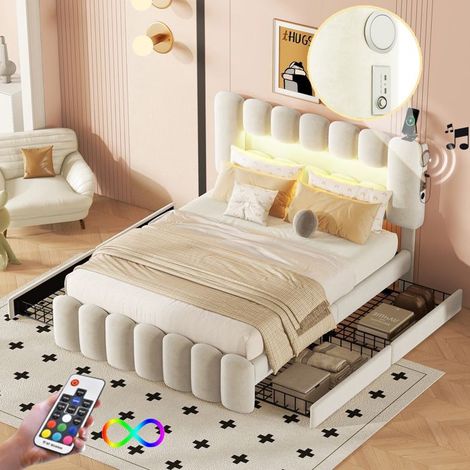 Lit - SINGULARITY - 140 x 200 - 4 tiroirs - LED avec USB et haut-parleurs - Velours beige (1/5)