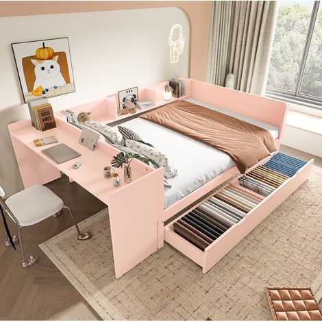 Letto matrimoniale multifunzione 140x200 cm con scrivania, 2 cassetti e 3 scaffali, pino e truciolare, rosa (1/5)