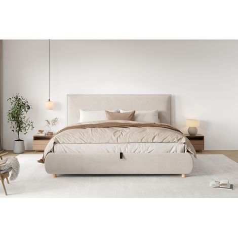 Polsterbett, Doppelbett, hydraulisches Funktionsbett, Bett mit Lattenrost, Kopfteil und großem Stauraum, gepolstertes Kopfteil, Bettbeine aus Massivholz (1/5)