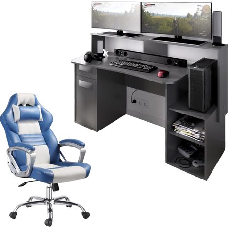 Conjunto de escritorio grafito y silla gamer azul claro y gris
