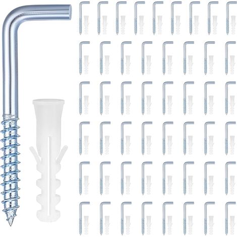 50 crochets à vis galvanisés très résistants + Tubes d'expansion pour usage domestique,Crochet métallique bleu à angle droit, Anticorrosion et Durables,Peut être accroché à la au travail et au bureau. (1/5)