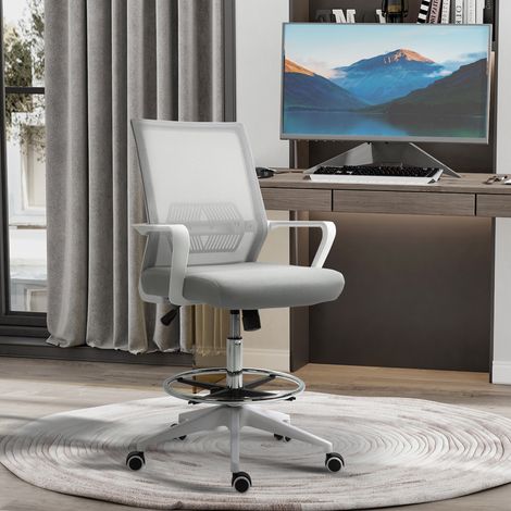 Vinsetto Fauteuil de bureau chaise de bureau assise haute réglable dim. 64L x 59l x 104-124H cm tabouret de bureau pivotant 360° maille respirante gris et blanc