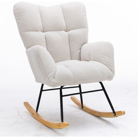 Fauteuil à bascule design mid-century en tissu teddy blanc avec dossier capitonné, structure bois et métal, confortable pour salon et chambre (1/5)