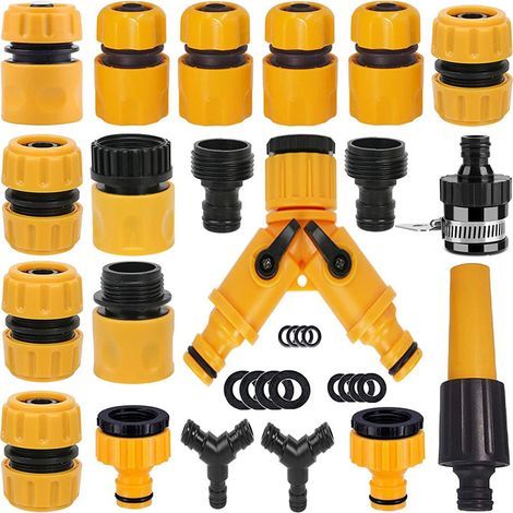 Juego de accesorios para manguera de jardín para lavado de autos, tubo telescópico, boquilla de conexión rápida, juego de pistola de chorro recto, amarillo (1/5)