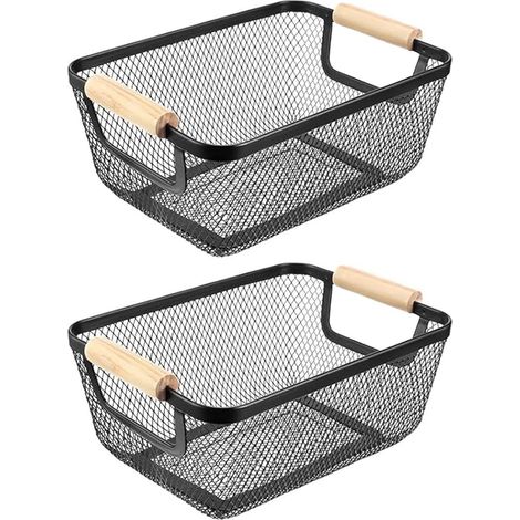 Lot de 2 paniers à fruits rectangulaires en métal noir moderne avec poignée en bois - Panier à fruits de cuisine - Support à fruits en fil métallique (1/5)
