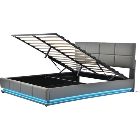 Cama con canapé 160 x 200 cm LED gris con somier metálico y cabecero regulable (1/5)