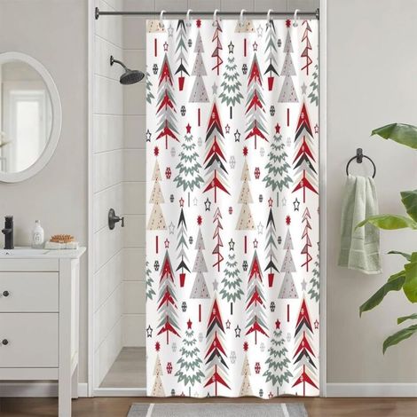 Rideau de douche anti-moisissure, 90 x 180 cm, rouge, Noël, forêt d'hiver abstraite sapin de Noël, tissu imperméable, avec 6 crochets. (1/5)