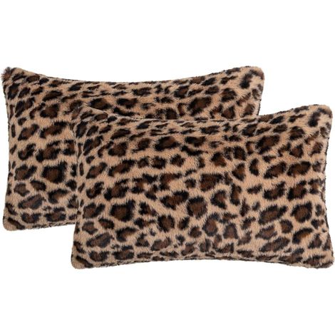 Lot de 2 Housses de Coussin en Fausse Fourrure à Motif Léopard, 30 x 50 cm, Coussins Déco Doux avec Motif Animal pour Canapé, Lit et Fauteuil, Décor Inspiration Safari en Marron Terracotta (1/5)