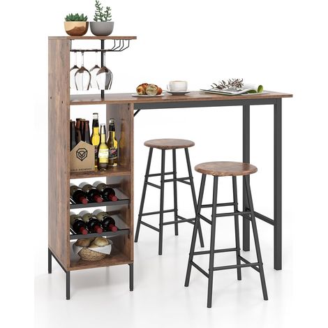 Costway – Table haute cuisine avec 2 tabourets – Mange debout industriel compact – Porte-verre et porte-bouteilles – Brun rustique pour cuisine et salon