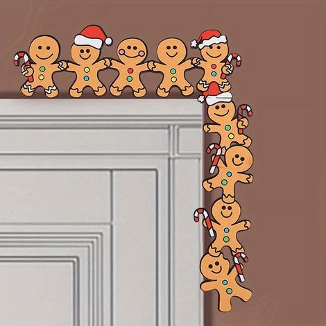 Panneau De Coin De Porte De Noël - Motif Hommes En Pain D'Épices Et Canne À Sucre - Cadre En Bois - Décoration Intérieure Et Extérieure - 1 Pièce (1/2)