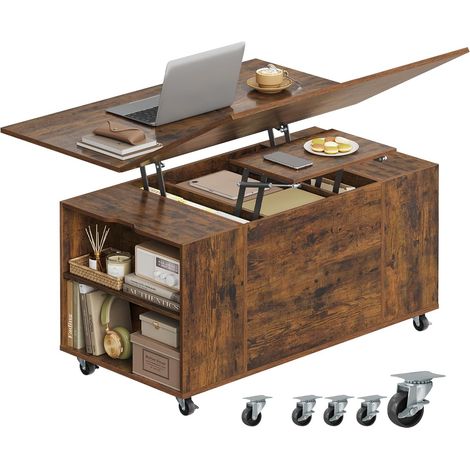 WOLTU Table Basse sur roulettes, Plateau Relevable, Extensible et Réglable en Hauteur, Table de Salon avec Tiroir et Rangement, Marron Rustique