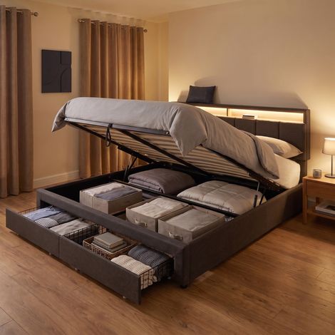 Lit coffre double 180x200 cm avec 2 tiroirs, lit adulte avec LED et tête de lit de rangement, tissu lin, Gris (1/5)