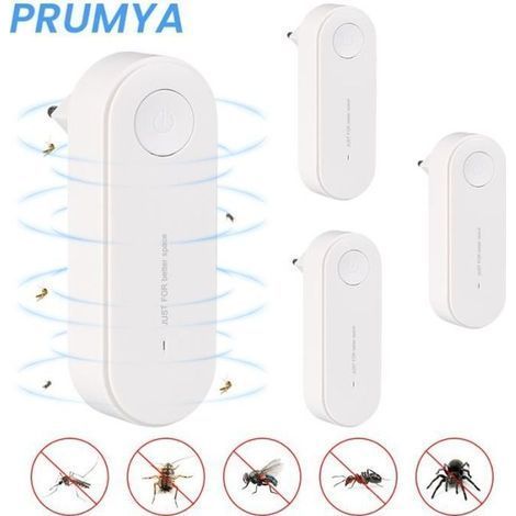 PRUMYA 4-teiliges Ultraschall-Abwehrgerät mit automatischem Frequenzumschalter - Vertreibt Mäuse, Mücken, Kakerlaken und Fliegen