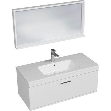 RUBITE Meuble salle de bain simple vasque 1 tiroir blanc largeur 100 cm + miroir cadre (1/5)