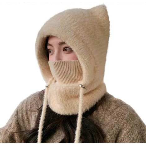 Cagoule ours en crochet pour femme, coupe-vent, 2 en 1, écharpe à capuche respirante, bonnet tricoté, ensemble (1/5)