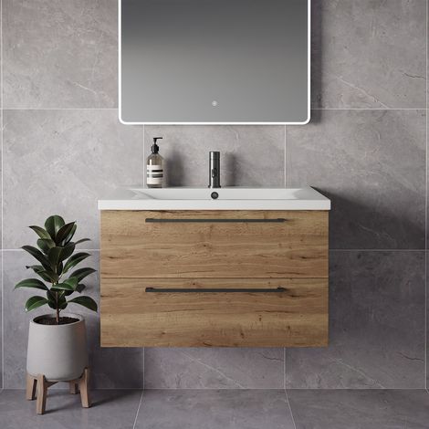 Napoli 460 Tobacco Oak 800mm Wall Mounted 2 Drawer Vanity Unit with Glide Basin - 800mm - Gunmetal Grey 480mm Handle